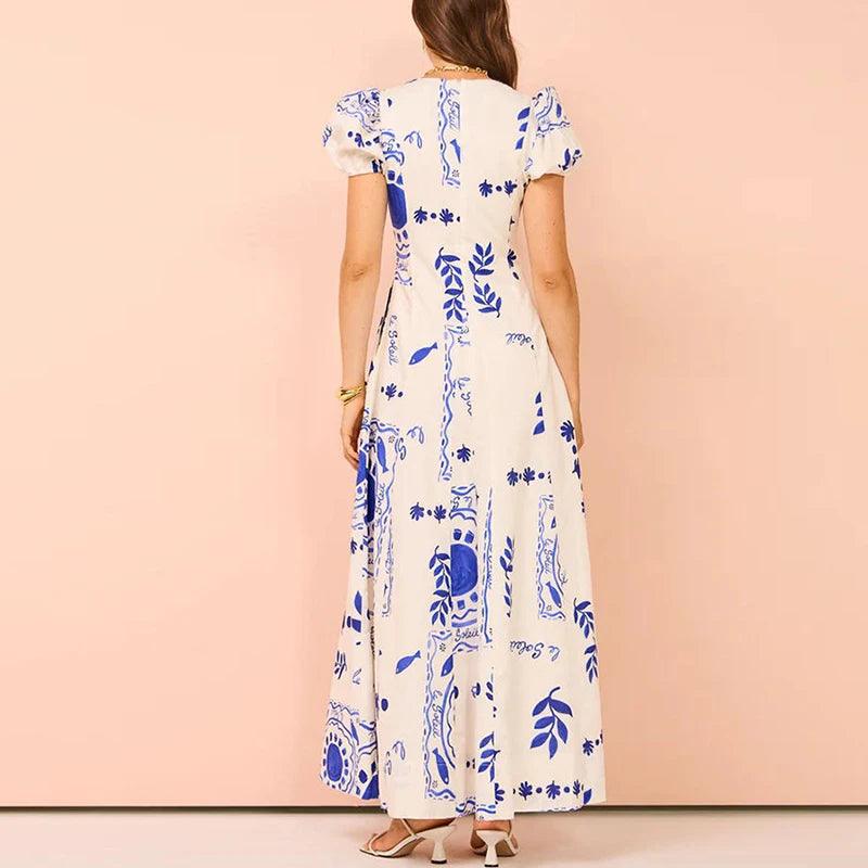 Robe Longue à Manches Bouffantes Col en V